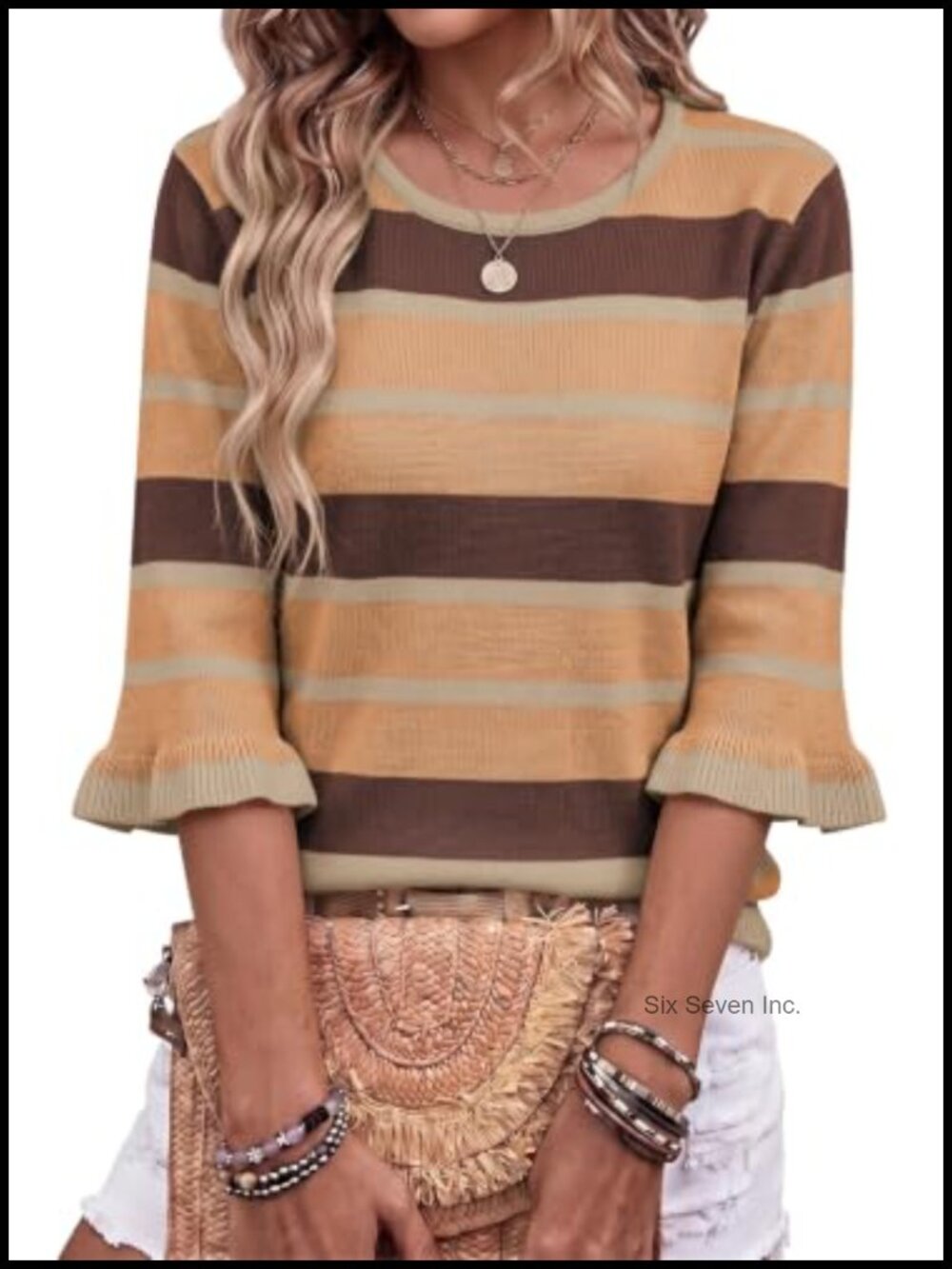 Dokotoo Womens 3/4 Sleeve Striped Crewneck Knit Pullover Sweater